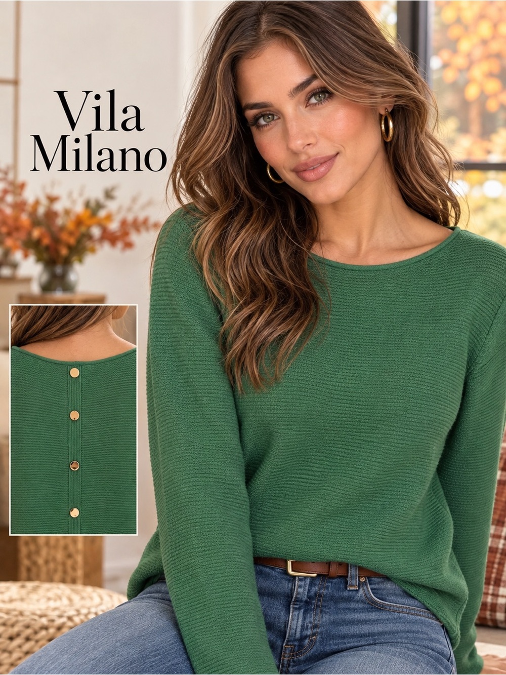 Milano Forest Green Crewneck Sweater with Gold Back Buttons